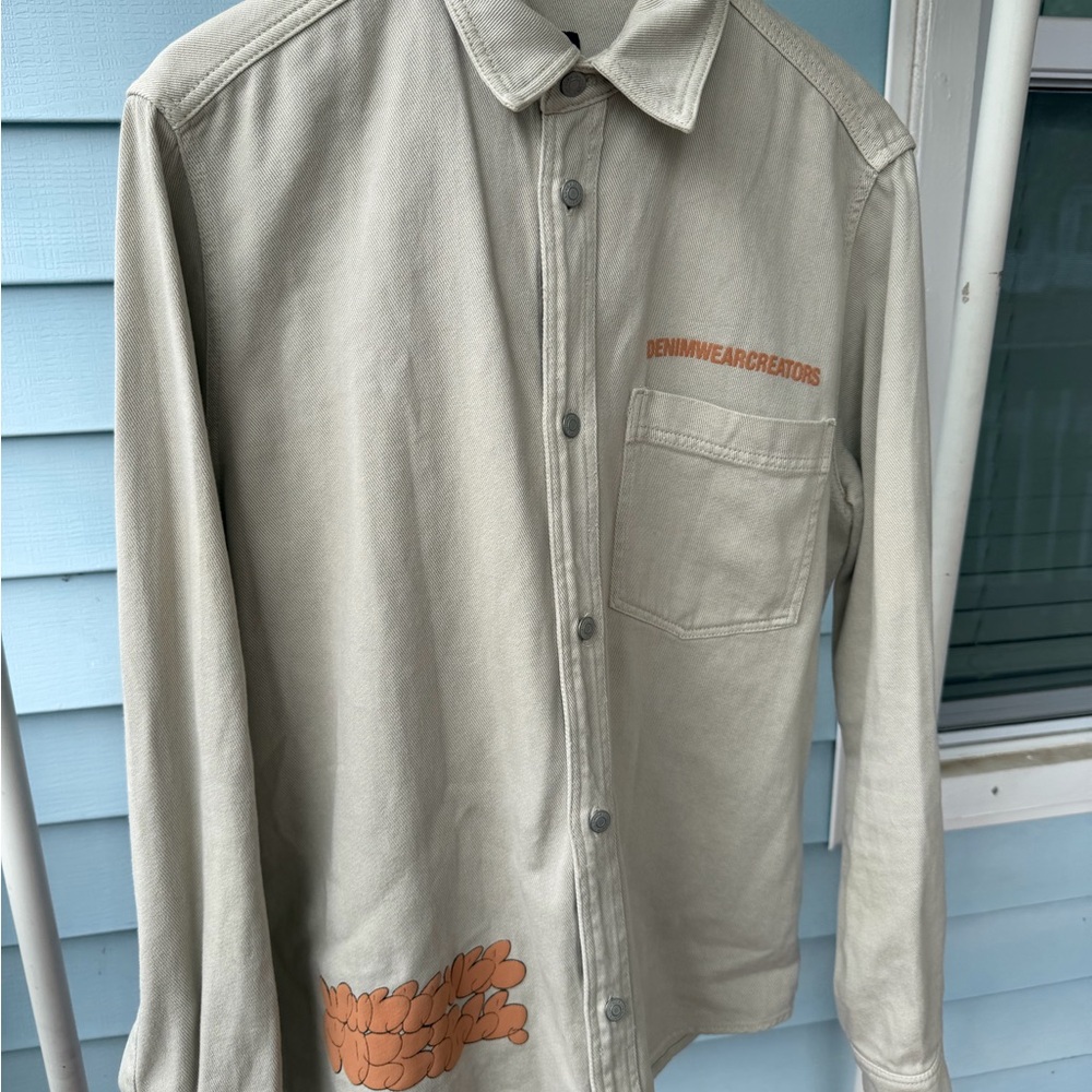 Zara Beige Lightweight Shirt Jacket with Orange Graphic